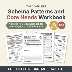 Puede incluir: Un libro de ejercicios digital titulado The Complete Schema Patterns and Core Needs Workbook, que contiene 45 páginas en formato PDF. El documento incluye secciones sobre conexión, pertenencia y comprobaciones de realidad, disponible en A4 y US Letter.