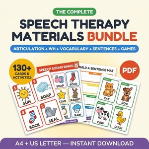 以下が含まれることがあります： 130枚以上のカードとアクティビティを含むPDF形式のデジタル言語療法教材セット。太陽、石鹸、靴下、アザラシのイラストが描かれた発音ビンゴカードや、猫、犬、牛、アヒルの絵が描かれた文章作成用マットなどが含まれています。