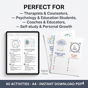 May include: A digital tablet and printed sheets featuring mental health activity worksheets. The text includes titles like Emotion Jar Sort, Thought Untangle, Worry Cloud Release, and My Safe Circle, with colorful illustrations of jars, clouds, and circles.