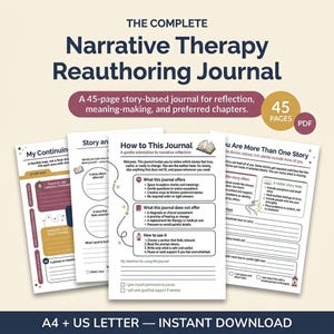 May include: A 45-page digital narrative therapy reauthoring journal in PDF format, available in A4 and US Letter sizes. The journal pages feature prompts for reflection, story mapping, and meaning-making, with sections titled How to This Journal.