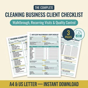 Può includere: Un documento digitale di tre pagine con liste di controllo per imprese di pulizia, inclusi moduli per nuovi clienti, visite ricorrenti e controllo qualità. Le pagine presentano sezioni per i dettagli del cliente, le mansioni e le note.