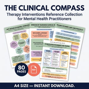 Op de afbeelding: Een digitale verzameling van referentiebladen voor therapie-interventies genaamd The Clinical Compass voor ggz-behandelaars. De set bevat 80 pagina's in PDF-formaat, met gidsen over ACT, de Window of Tolerance en traumagerichte zorg.