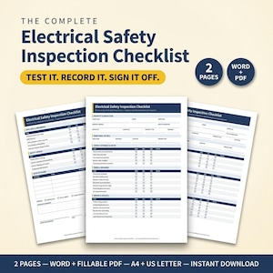 Puede incluir: Un documento digital titulado The Complete Electrical Safety Inspection Checklist, que incluye dos páginas en formatos Word y PDF rellenable. Los formularios contienen secciones para detalles de propiedad, panel principal y cableado.