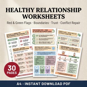 Peut inclure: Un ensemble de 30 pages de fiches de travail sur les relations saines au format PDF A4. Les documents contiennent du texte sur les drapeaux rouges et verts, les limites, la confiance et la réparation des conflits, avec des titres.