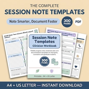 Peut inclure: Un ensemble numérique de modèles de notes de séance de 300 pages pour cliniciens, incluant des notes de suivi et plans de traitement remplissables. Comprend des mises en page SOAP et des formulaires IFS en formats A4 et US Letter.