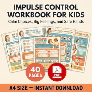 Impulse Control Workbook Kids, Anger Management Emotional Regulation ADHD Executive Function, Autism Support Child Therapy Worksheets PDF