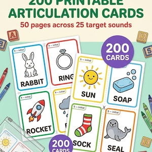 May include: A set of 200 printable articulation cards featuring 50 pages across 25 target sounds. The cards display colorful illustrations of objects like a rabbit, ring, rocket, sun, soap, sock, and seal with corresponding text labels.