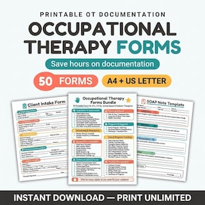 Peut inclure: Un ensemble numérique de 50 formulaires d'ergothérapie imprimables aux formats A4 et US Letter. Les documents comprennent des sections pour l'admission des clients, les notes SOAP, l'évaluation, le suivi et la planification avec des en-têtes colorés.