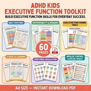 May include: A 60-page ADHD Kids Executive Function Toolkit PDF in A4 size. The collection includes printable sheets for daily routines, responsibilities, rewards, executive functioning tools, school, learning, emotional regulation, and social skills.