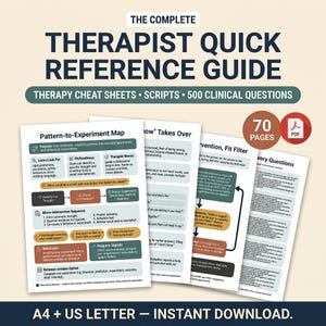 May include: A digital document titled The Complete Therapist Quick Reference Guide featuring therapy cheat sheets, scripts, and 500 clinical questions. The 70-page PDF includes a Pattern-to-Experiment Map and is available in A4 and US Letter sizes.