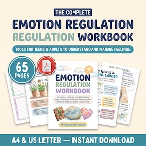 Könnte beinhalten: Ein digitales Arbeitsbuch mit dem Titel The Complete Emotion Regulation Workbook mit 65 Seiten für Jugendliche und Erwachsene. Das Cover zeigt eine Sonne, einen Stein mit dem Wort BREATHE und ein Herz. A4- und US-Letter-Formate enthalten.