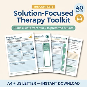 Può includere: Un toolkit di terapia focalizzata sulle soluzioni di 40 pagine in formato PDF, contenente schede con titoli come Describe the Preferred Tomorrow, Exception Spotting e Goal Checklist, disponibili nei formati A4 e US Letter per il download.