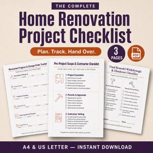 Può includere: Una lista di controllo digitale di tre pagine per progetti di ristrutturazione domestica in formato PDF. Il documento include un tracker per i progressi e le modifiche, una lista di controllo pre-progetto e appaltatori, e una lista finale.