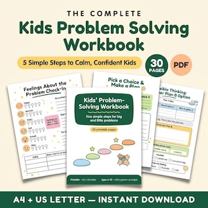 Puede incluir: Un libro de ejercicios digital titulado The Complete Kids Problem Solving Workbook, con 30 páginas imprimibles en tamaños A4 y US Letter. Incluye secciones sobre sentimientos, toma de decisiones y pensamiento flexible con gráficos coloridos.