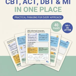 Puede incluir: Un conjunto de documentos digitales titulado Modality-Informed CBT, ACT, DBT & MI In One Place, con 40 páginas de frases prácticas. Las páginas incluyen secciones para reformulación, experimentos y pasos de resolución de problemas, en A4 y US Letter.