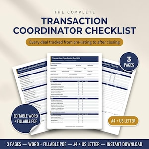 Transaction Coordinator Checklist Template | Real Estate TC Task List | Editable Realtor Workflow | Closing Checklist | Fillable PDF & Word