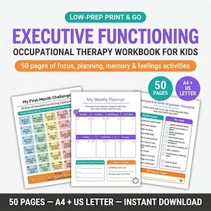 May include: An executive functioning occupational therapy workbook for kids featuring 50 pages of focus, planning, memory, and feelings activities. Includes a 30-day challenge, a weekly planner, and a backpack and desk organiser checklist in A4 and US Letter.