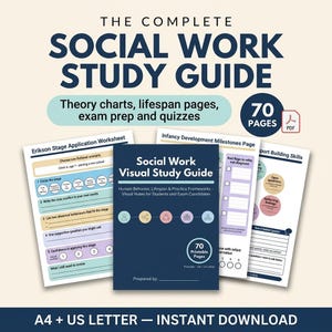 May include: The Complete Social Work Study Guide with 70 pages, featuring theory charts, lifespan pages, exam prep, and quizzes. Includes a central visual study guide booklet and worksheets for Erikson stages, infancy milestones, and rapport building skills.