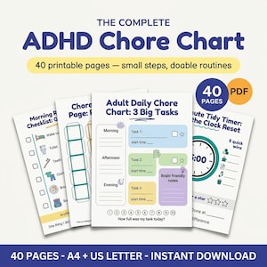 May include: A set of 40 printable PDF pages titled The Complete ADHD Chore Chart. The pages feature checklists, daily task planners with morning, afternoon, and evening sections, a 5-minute tidy timer, and a tank level tracker for daily progress.