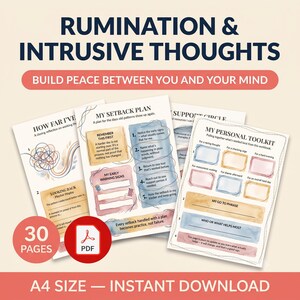 May include: A 30-page A4 PDF workbook titled RUMINATION & INTRUSIVE THOUGHTS: BUILD PEACE BETWEEN YOU AND YOUR MIND. The pages feature watercolour-style boxes and text prompts including MY SETBACK PLAN and MY PERSONAL TOOLKIT for mental health.