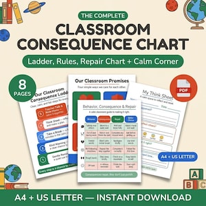 May include: A digital classroom consequence chart set featuring eight pages including a consequence ladder, classroom promises, and a think sheet. The documents are formatted for A4 and US Letter sizes, providing a structured guide for behavior management.
