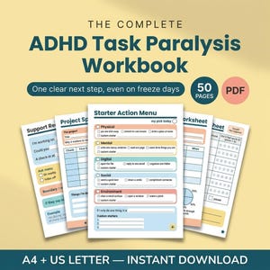 ADHD Task Paralysis Workbook, 50 Page Printable for ADHD Adults, Task Breakdown & 5-Minute Starts, PDF Printable