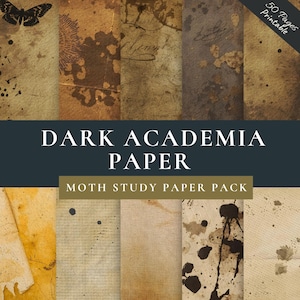 Puede incluir: Un collage de fondos de papel de estilo vintage con temática de academia oscura. Los papeles presentan texturas, manchas e ilustraciones de polillas. El texto dice "Dark Academia Paper" y "Moth Study Paper Pack".