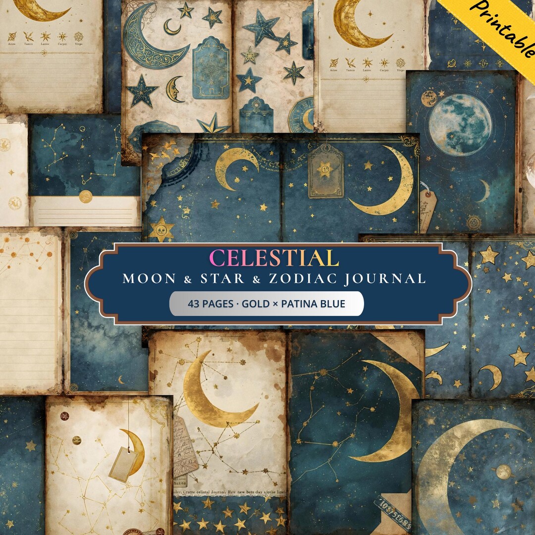 Celestial Moon Junk Journal Printable Kit — Vintage Zodiac Ephemera 43 ...