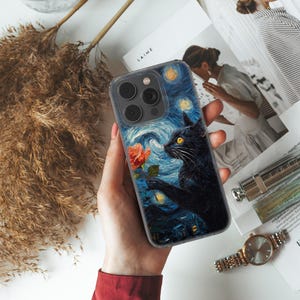 Starry Night Phone Case Black Cat design cover fits iPhone 16 Pro, iPhone 14, Samsung S25, A53, S21, S23 Ultra, Google pixel 9 Pro
