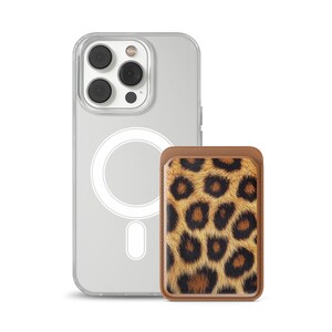 Cartera Magsafe con estampado de leopardo y tarjetero magnético con textura dorada compatible con iPhone 16, iPhone 14, iPhone 13 Pro, 12 Mag Safe