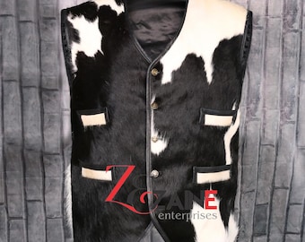 Hair-on Cowhide Leather Vest: Handmade Western Cowboy Waistcoat