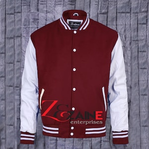 Men's Varsity Jacket Handmade Letterman Bomber Maroon Wool & White Leather Sleeves
