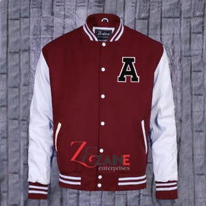 Men&#39;s Varsity A Patch Jacket Handmade Letterman Bomber Maroon Wool & White Leather Sleeves