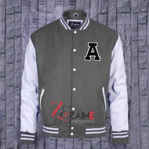 Herren Varsity A Patch Jacke Handmade Letterman Bomber Grau Wolle & Weiß Leder Ärmeln