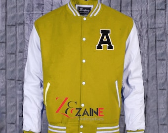Men's Varsity  A Patch Jacket Handmade Letterman Bomber Yellow Wool & White Leather Sleeves
