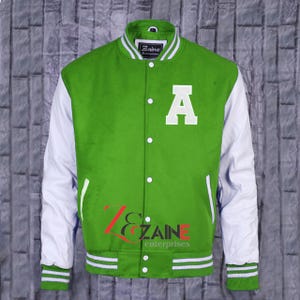 Męska kurtka Varsity A Patch, ręcznie robiona, bomberka z wełny Kelly Green i białych skórzanych rękawów
