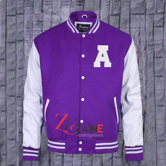 Men's Varsity A Patch Jacket Handmade Letterman Bomber Purple Wool