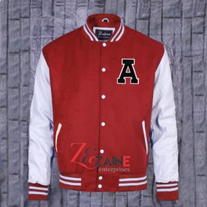 Men&#39;s Varsity  A Patch Jacket Handmade Letterman Bomber Red Wool & White Leather Sleeves