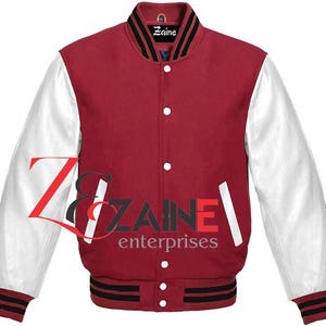 Men’s Varsity Baseball Bomber Jacket White Leather Sleeves & Maroon Wool Body Baseball Style