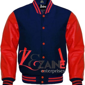 Men’s Varsity Classic Letterman Bomber Jacket Navy Wool & Genuine Red Leather Sleeves