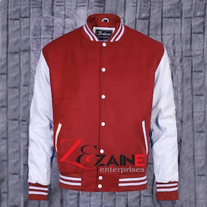 Men&#39;s Varsity Jacket Handmade Letterman Bomber Red Wool & White Leather Sleeves