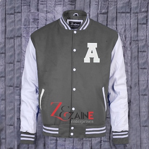 Herren Varsity A Patch Jacke Handmade Letterman Bomber Grau Wolle & Weiß Leder Ärmeln