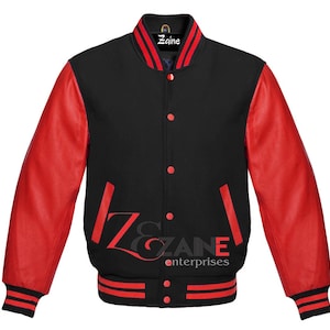 Men’s Varsity Classic Letterman Bomber Jacket Black Wool & Genuine Red Leather Sleeves
