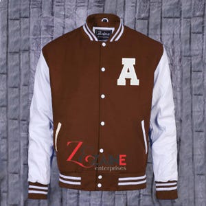 Men&#39;s Varsity  A Patch Jacket Handmade Letterman Bomber Brown Wool & White Leather Sleeves
