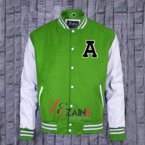 Męska kurtka Varsity A Patch, ręcznie robiona, bomberka z wełny Kelly Green i białych skórzanych rękawów