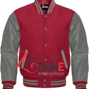 Men’s Varsity Classic Letterman Bomber Jacket Maroon Wool & Genuine Grey Leather Sleeves