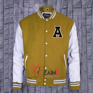 Men&#39;s Varsity  A Patch Jacket Handmade Letterman Bomber Yellow Gold Wool & White Leather Sleeves