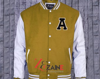 Men's Varsity  A Patch Jacket Handmade Letterman Bomber Yellow Gold Wool & White Leather Sleeves