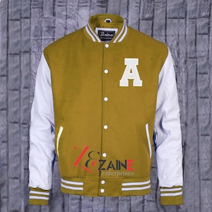 Men&#39;s Varsity  A Patch Jacket Handmade Letterman Bomber Yellow Gold Wool & White Leather Sleeves
