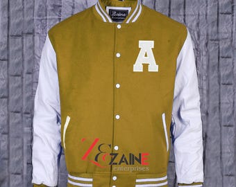 Men's Varsity  A Patch Jacket Handmade Letterman Bomber Yellow Gold Wool & White Leather Sleeves